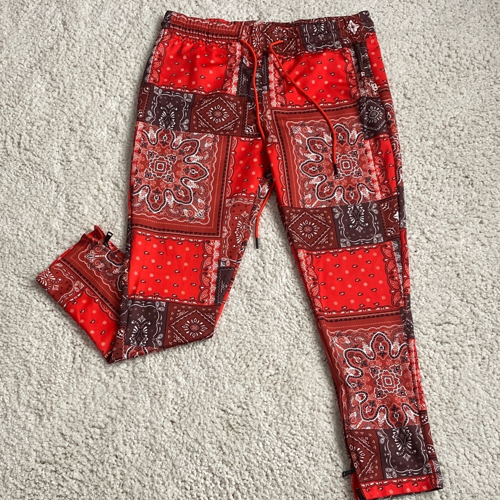 Fashion Nova Red and Brown Bandana Print Joggers